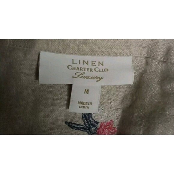 Linen Charter Clun Luxury Blouse Size M Beige Embroidered Floral 100% Linen - Picture 2 of 7